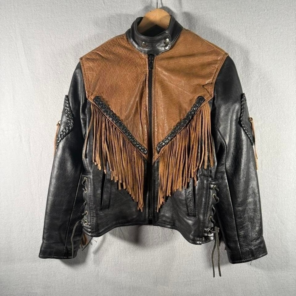 Women's Vintage Leather Fringe Western Biker Jacket Black Brown 19x22